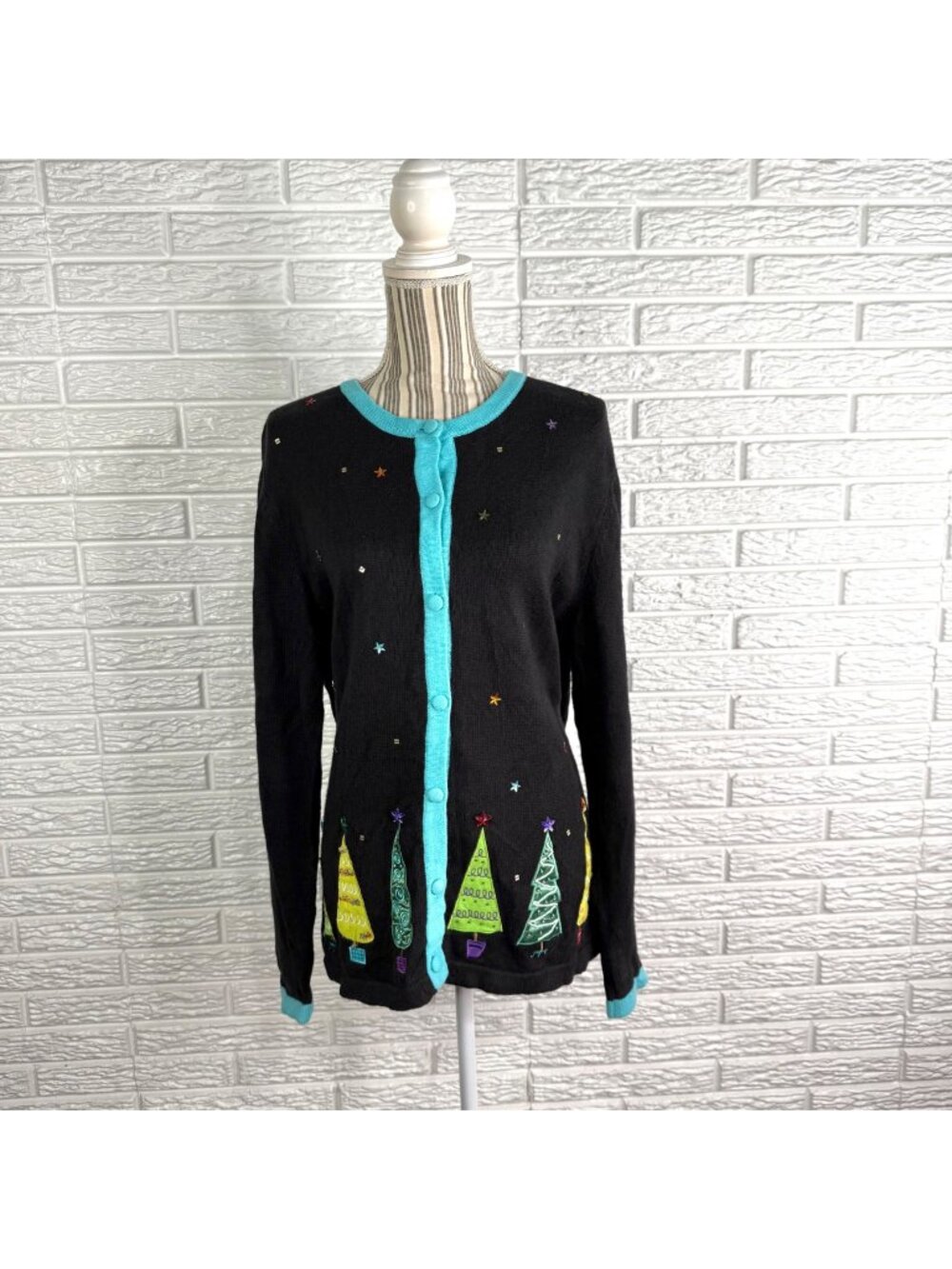 Vtg Merry & Bright Christmas Cardigan Sweater Black Teal Embroidered Trees Large